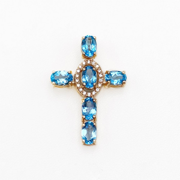 Хрестик з золота з блакитними топазами