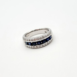 Золотое кольцо в белом цвете с синими корундами и желтыми бриллиантами 01-200055382